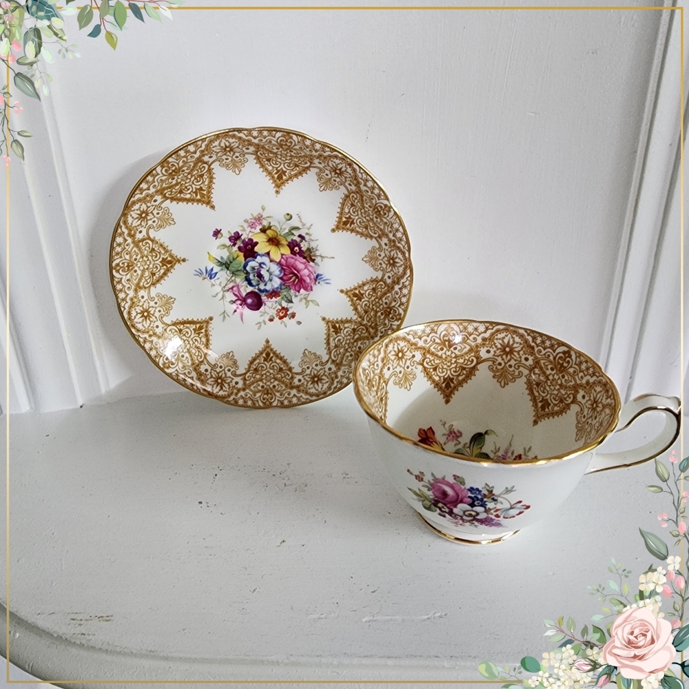 Paragon Floral Bouquet and Gold Filegree Teacup, Made in England, white Tea Cup